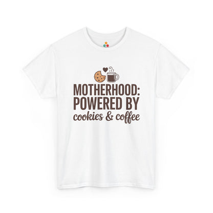TEEZOCA white “Motherhood: Powered By Cookies & Coffee” funny mom t‑shirt shown flat.