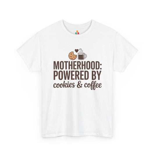 TEEZOCA white “Motherhood: Powered By Cookies & Coffee” funny mom t‑shirt shown flat.