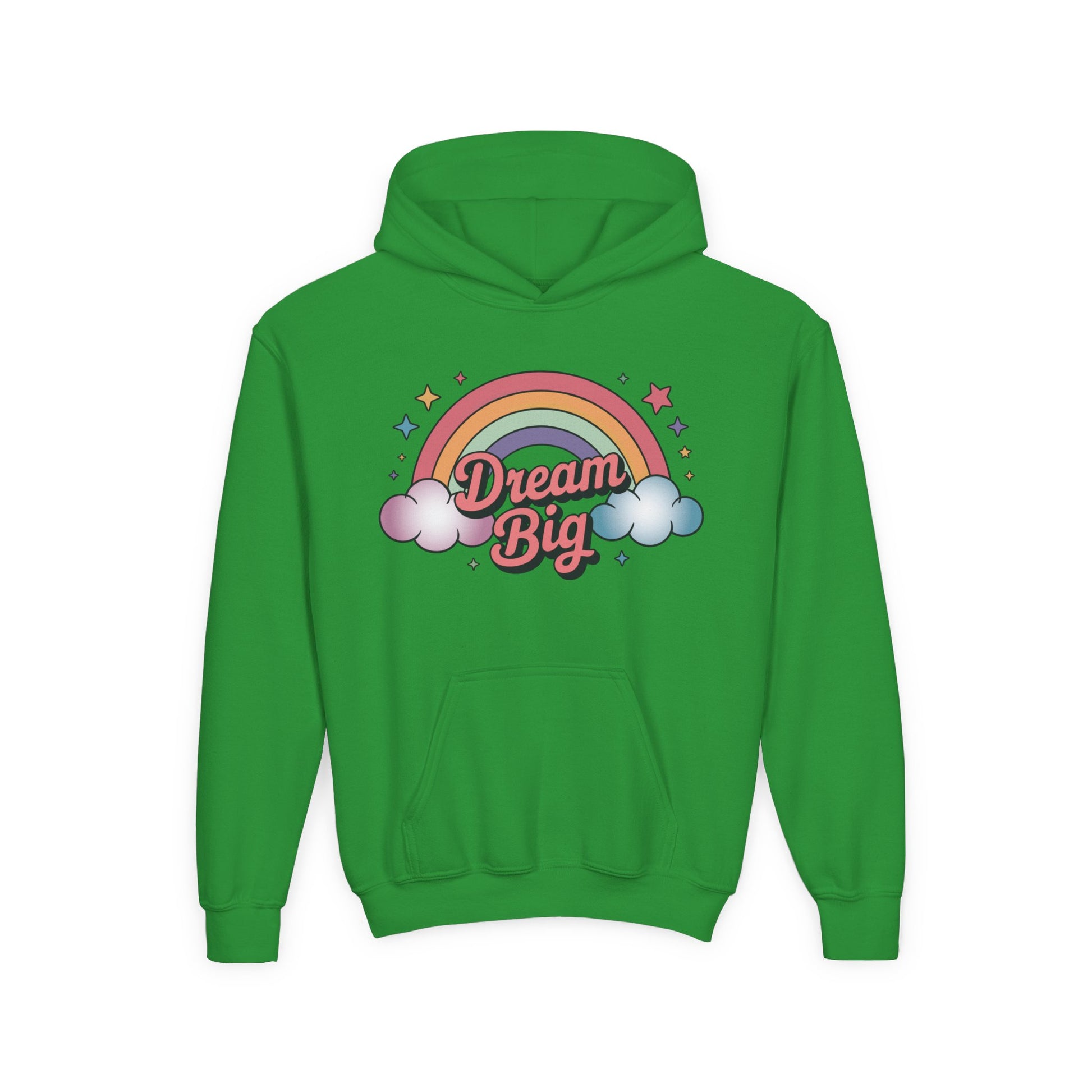 Youth DTG hoodie featuring colorful rainbow clouds and Dream Big text TEEZOCA