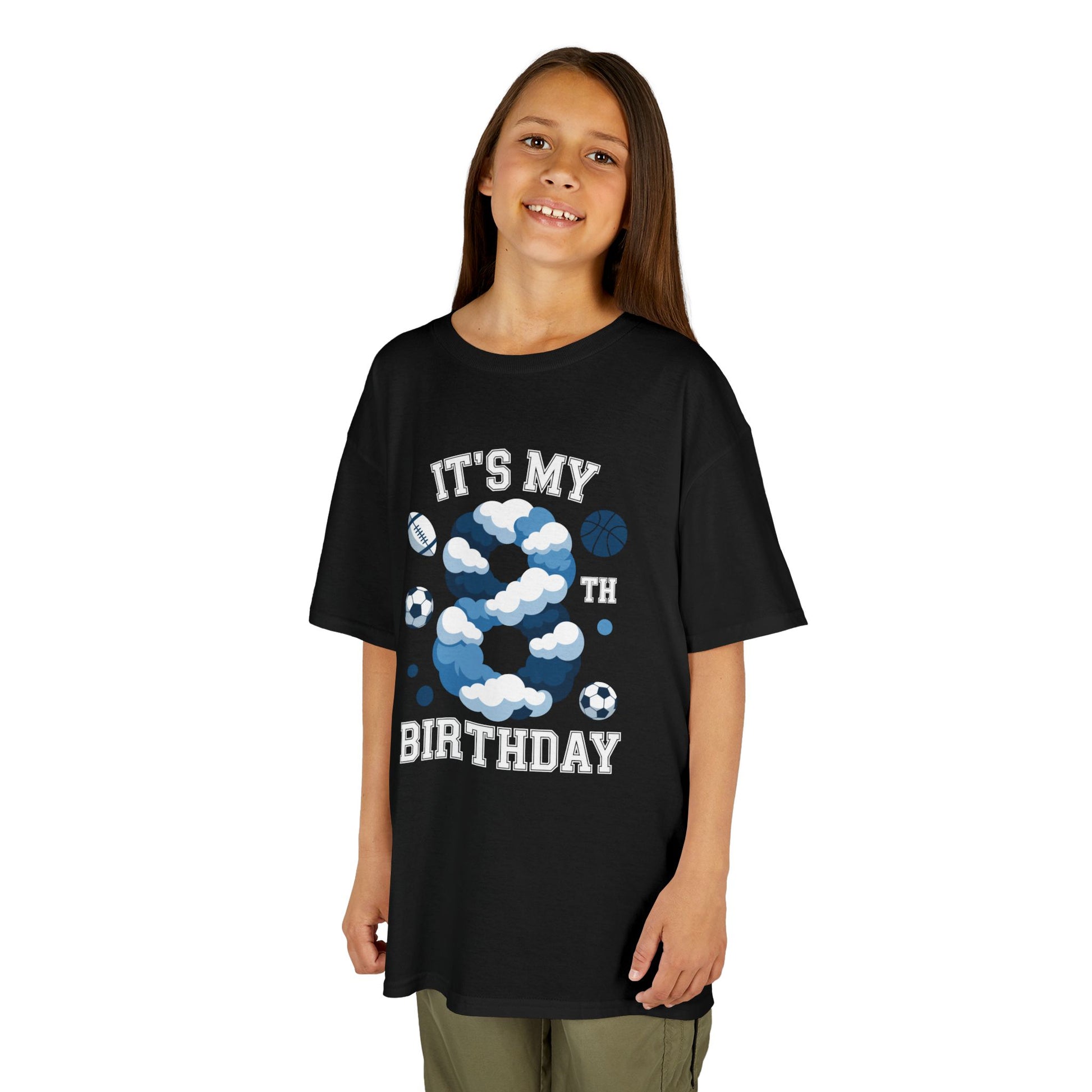 “Girl wearing black ‘It’s My 8th Birthday’ sports shirt with cloud 8 and sports balls, front view.”

