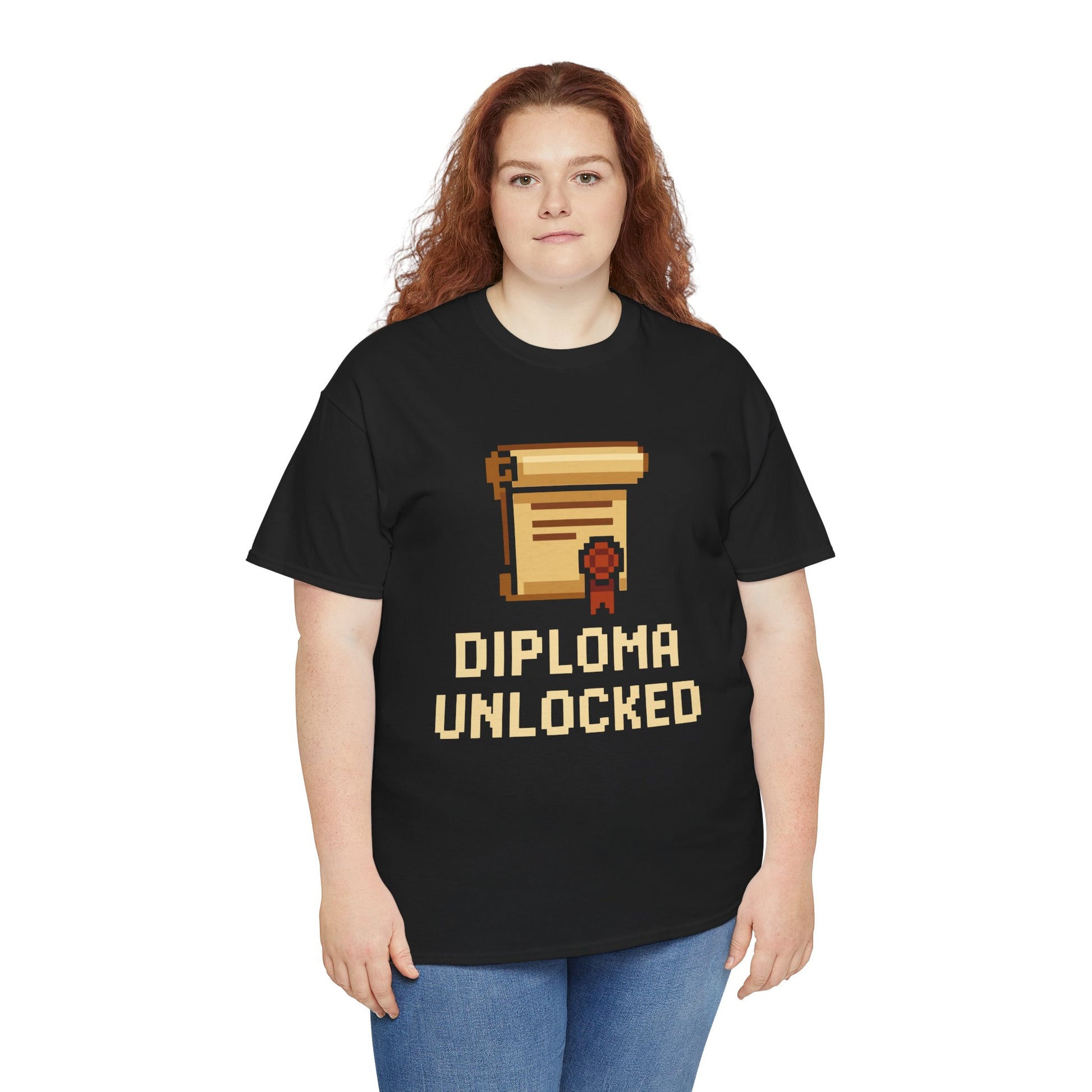 Person wearing a black t-shirt with 'Diploma Unlocked' graphic design on a white background
