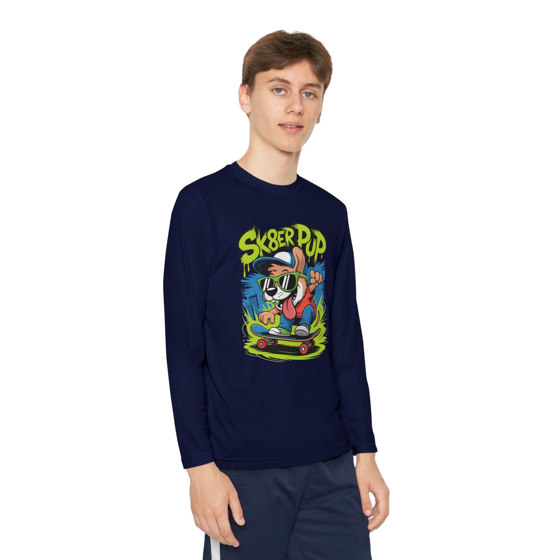Sk8er Pup Skateboard Youth Long Sleeve Tee — Retro Skate Dog Graphic TEEZOCA