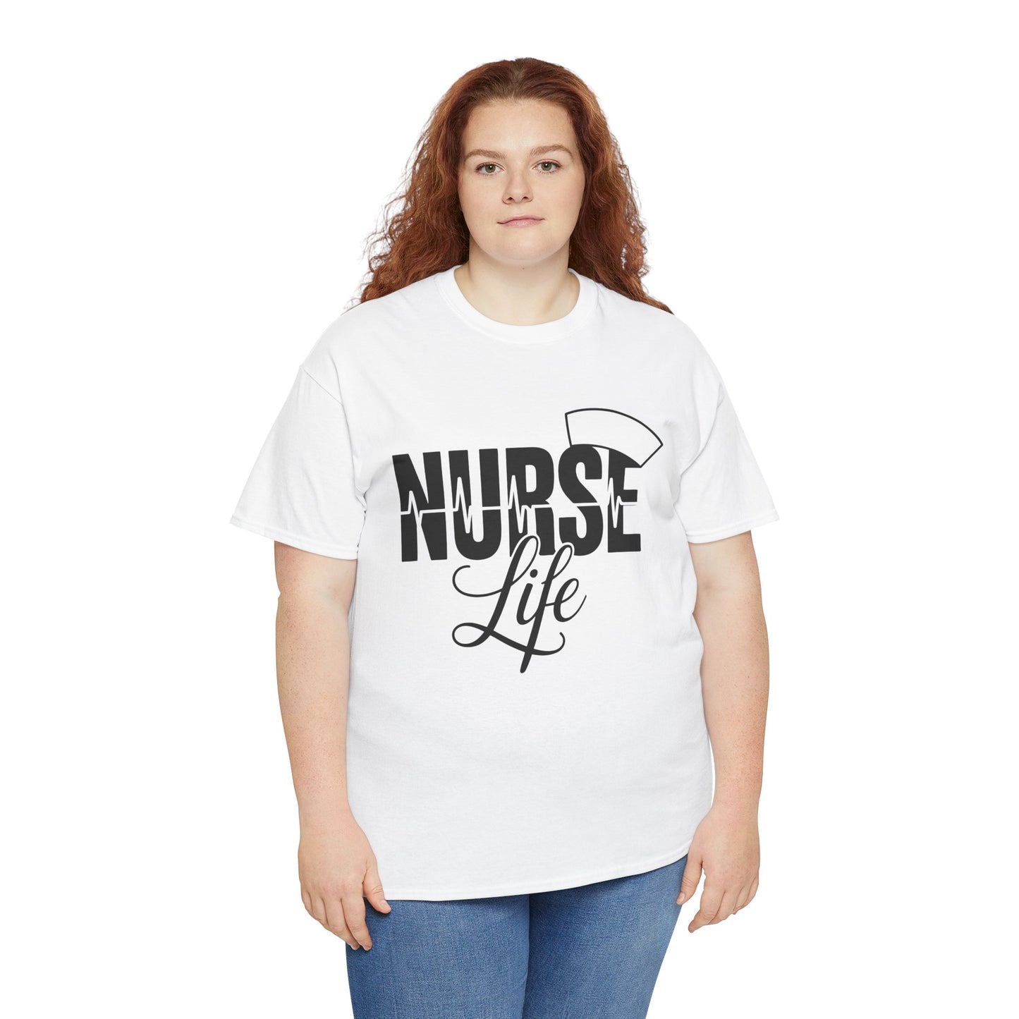 “Female model in Teezoca Nurse Life shirt, NURSE Life typography with red cross cap, white tee, casual pose.”

