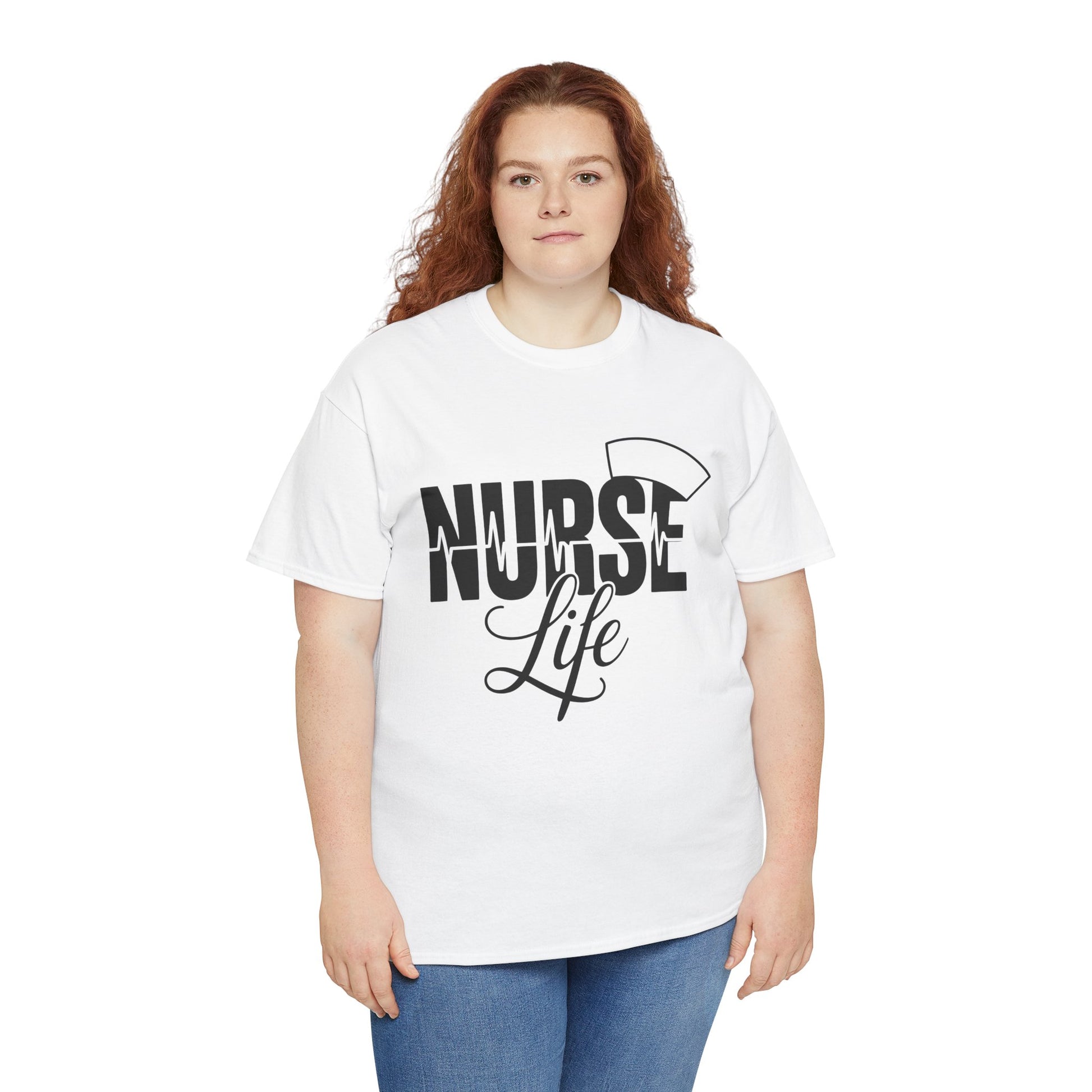 “Female model in Teezoca Nurse Life shirt, NURSE Life typography with red cross cap, white tee, casual pose.”

