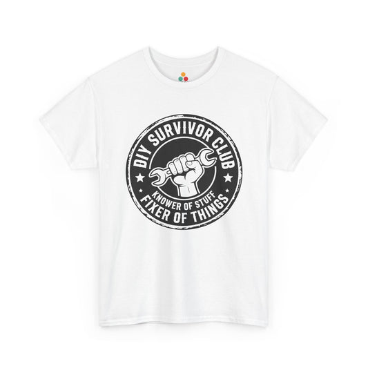 Teezoca Funyy Dad Gift white t-shirt with 'DIY Survivor Club' graphic on a white background
