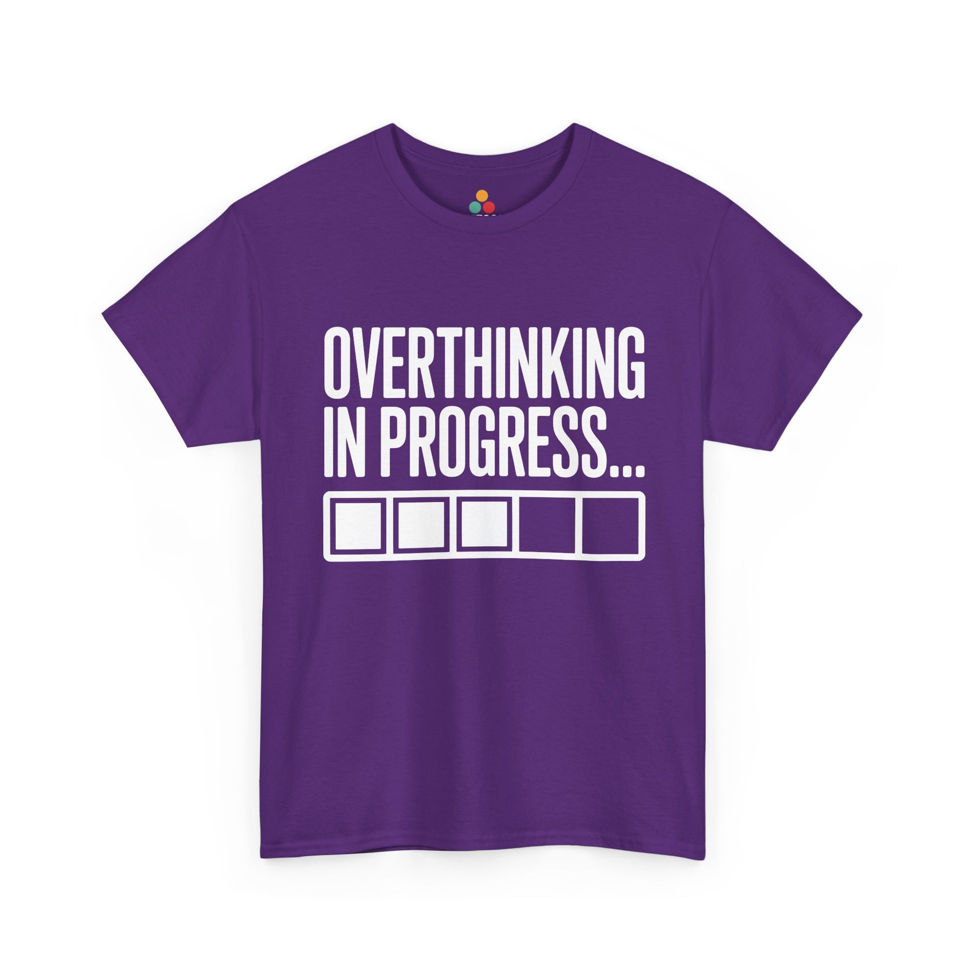 Purple t-shirt with 'Overthinking in Progress...' text on a white background | TEEZOCA