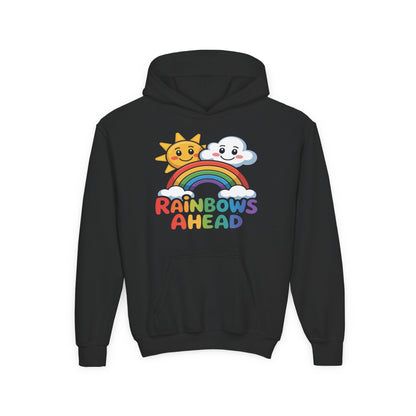 Youth Hoodie — "Rainbows Ahead" Cute Sun & Cloud Rainbow Kids Sweatshirt TEEZOCA