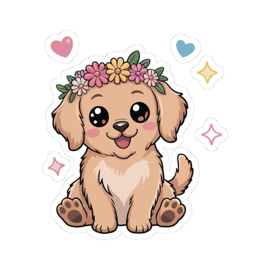 TEEZOCA cute kawaii puppy flower crown sticker with smiling pastel dog illustration