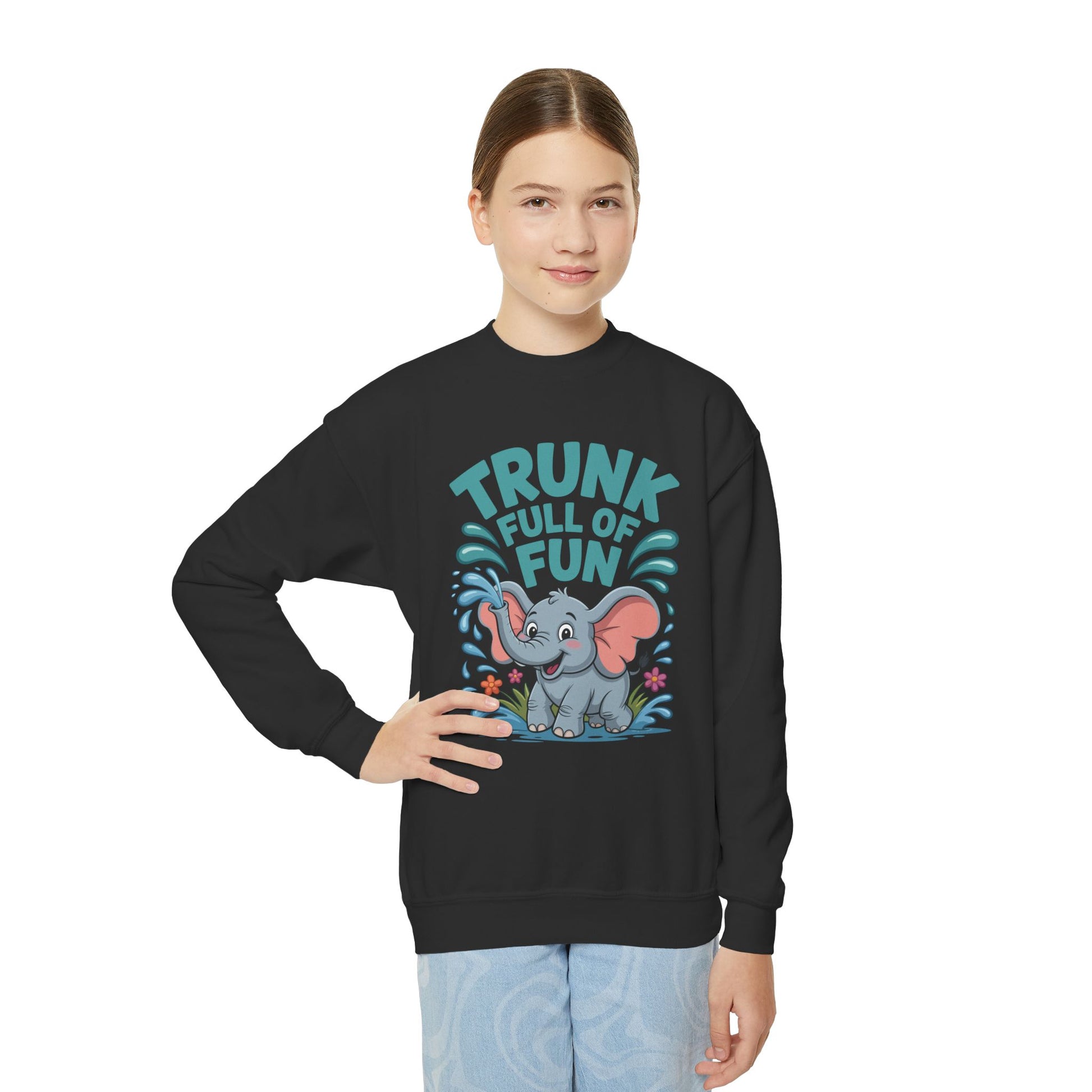 Youth Crewneck Sweatshirt — "Trunk Full of Fun" Playful Elephant Kids Pullover TEEZOCA