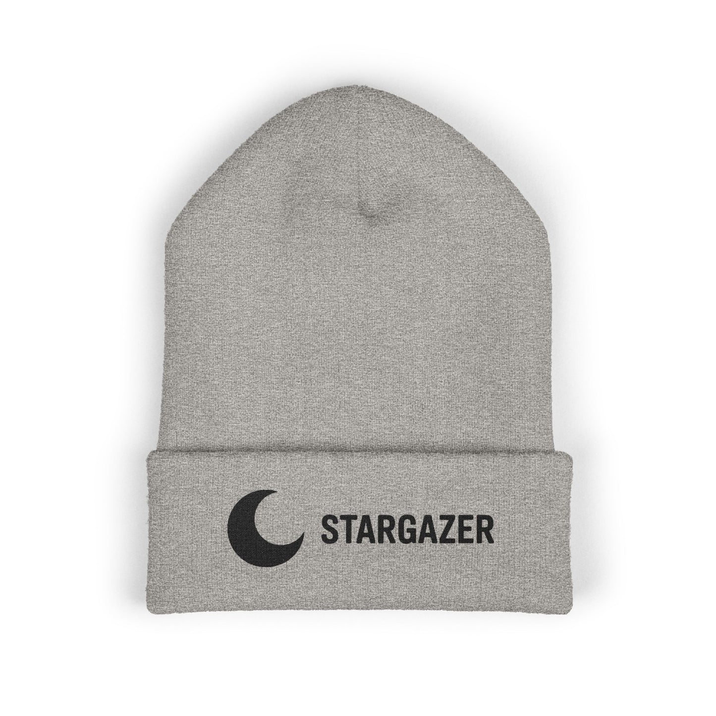 Gray beanie with 'Stargazer' logo on a white background