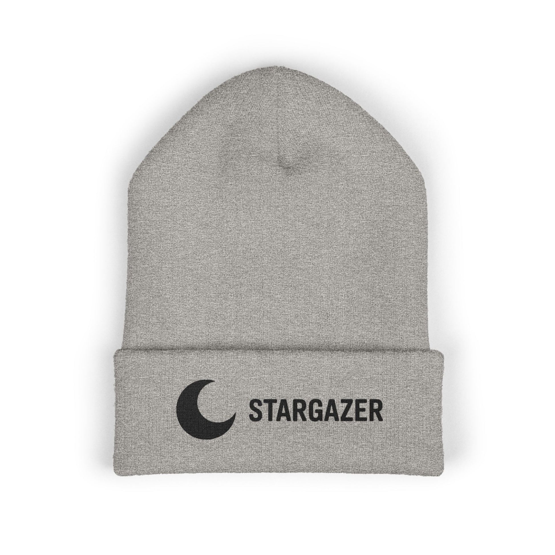 Gray beanie with 'Stargazer' logo on a white background