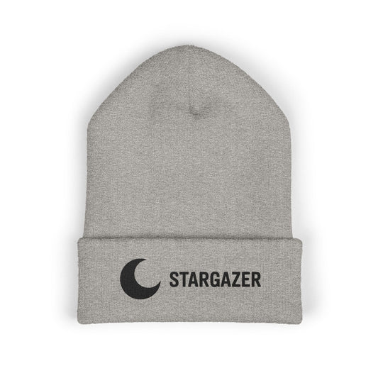 Gray beanie with 'Stargazer' logo on a white background