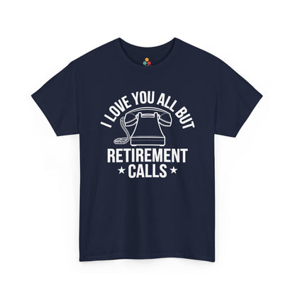 “Navy blue funny retirement t‑shirt with white curved text and telephone design, flat front.”

