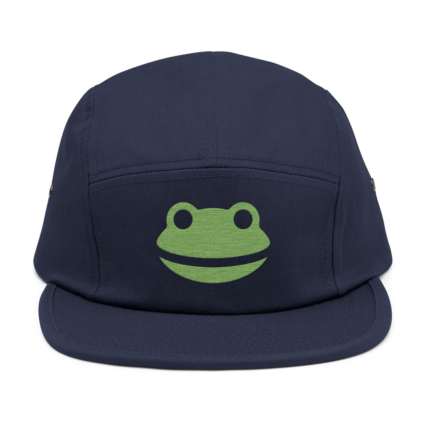 Navy blue cap with a green frog logo on a white background. Minimalist frog face embroidery design with wide smile and round eyes. TEEZOCA