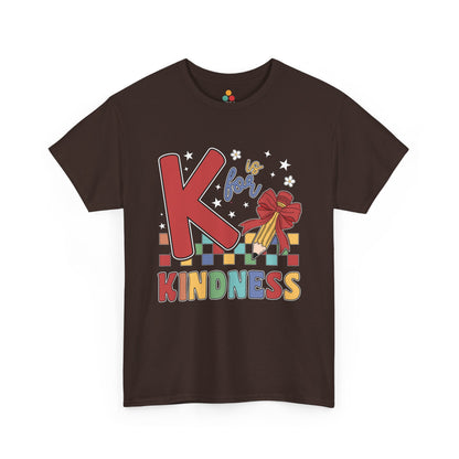 “Teezoca K is for Kindness teacher t-shirt, colorful kindness graphic with stars and checkerboard, dark brown tee, front.”

