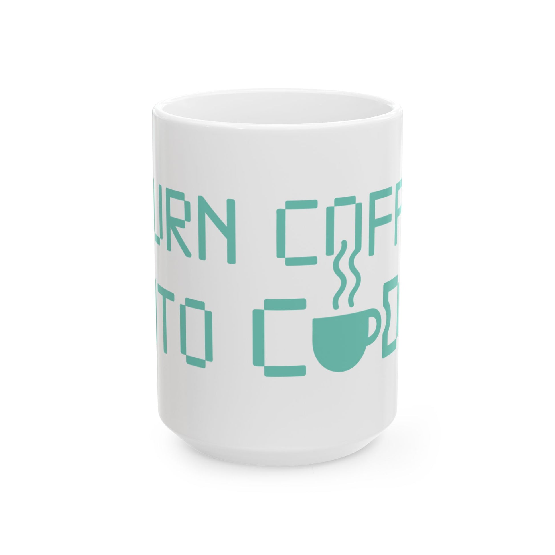 TEEZOCA mug featuring the I Turn Coffee Into Code design with coffee icon