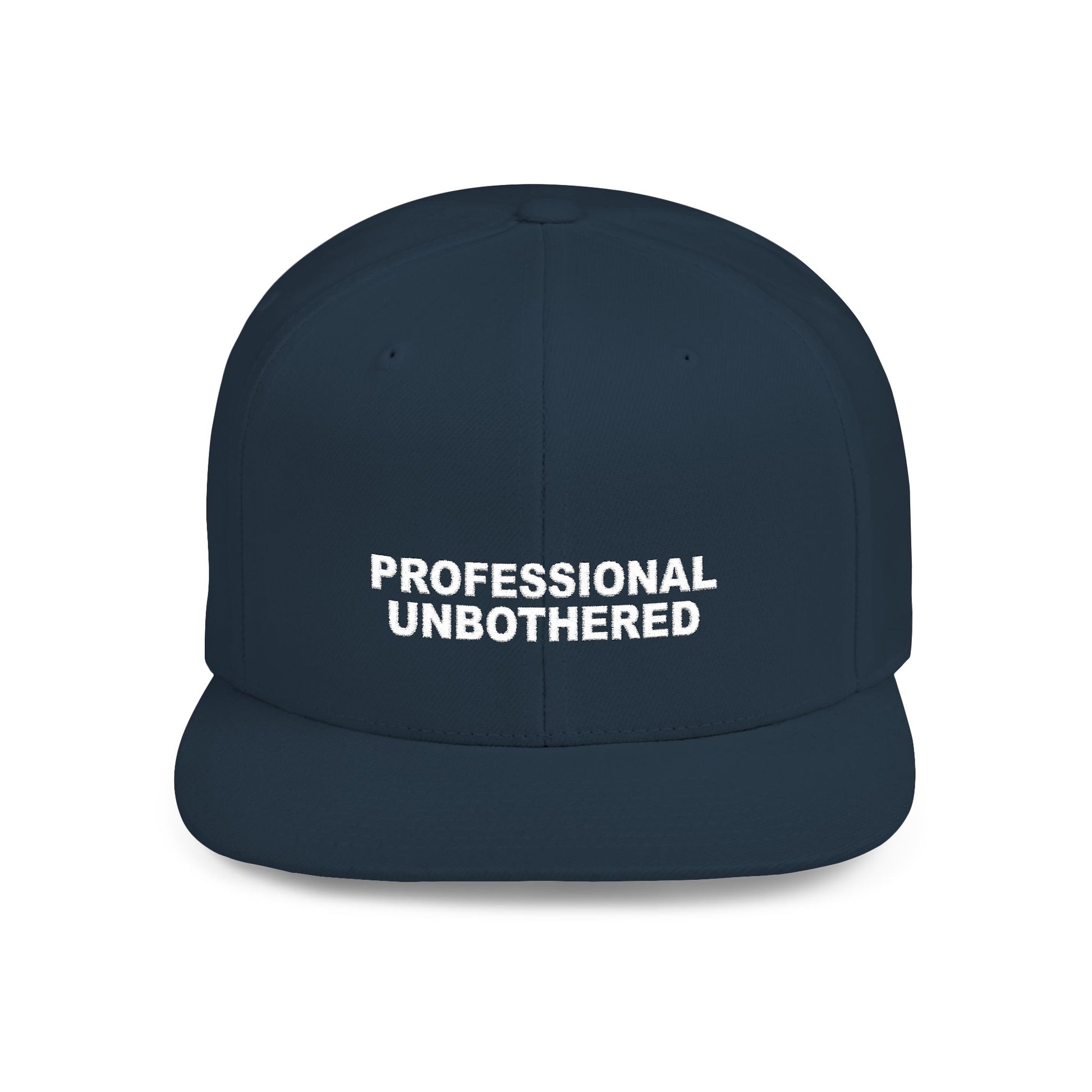 Navy blue cap with 'PROFESSIONAL UNBOtherED' text on a white background