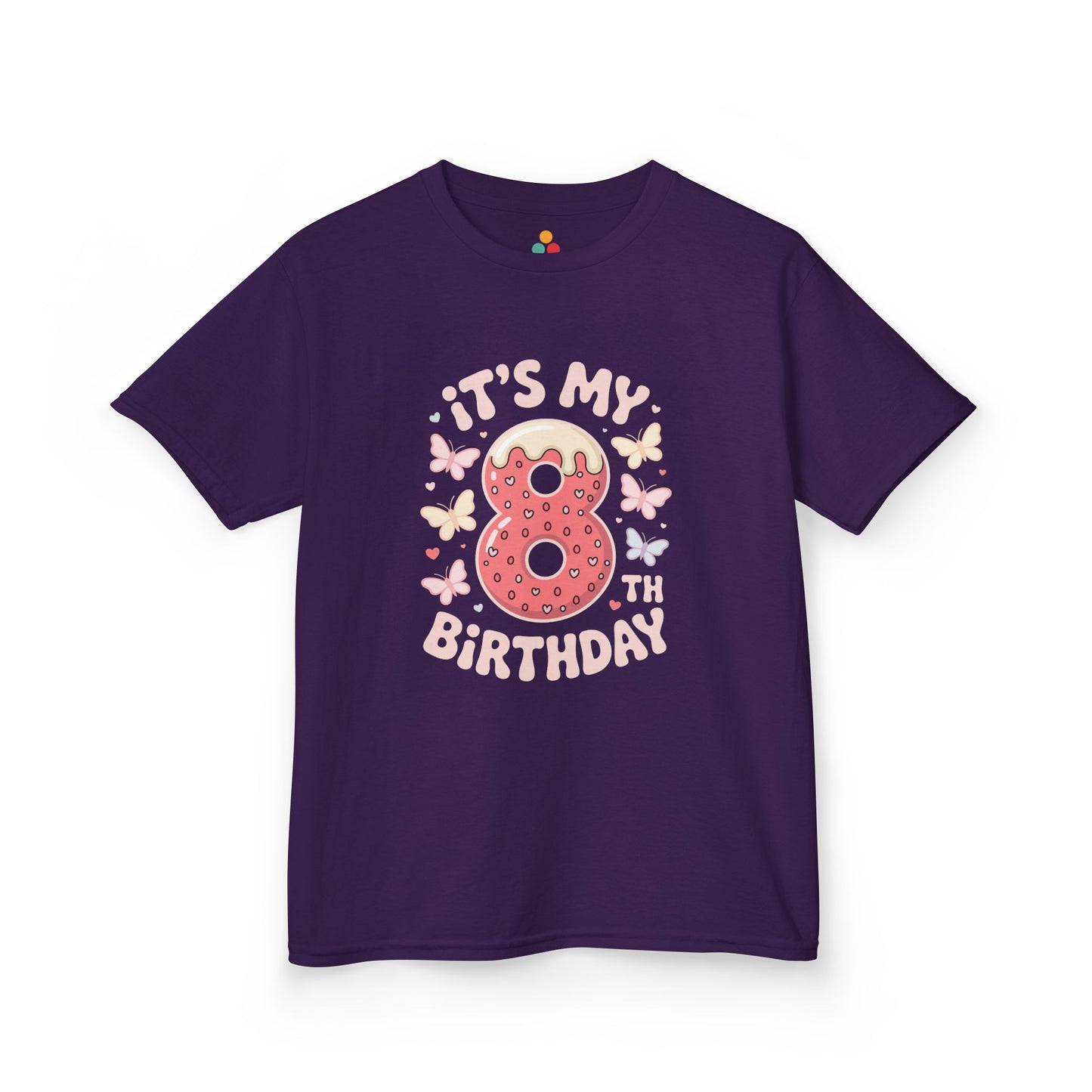 “Purple 8th birthday shirt featuring donut number 8 with butterflies and hearts, ‘It’s My 8th Birthday’ text, flat view.”
