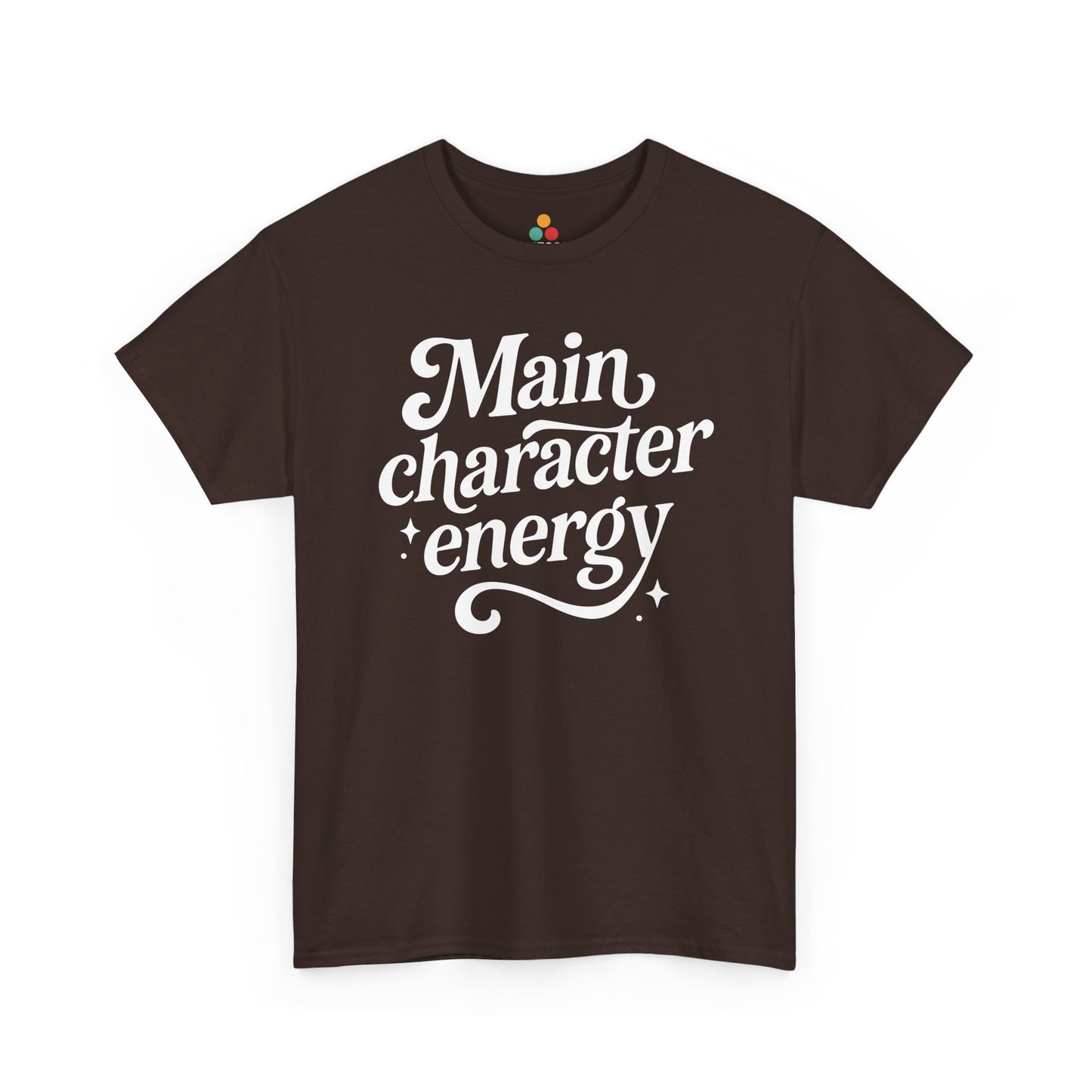 “Teezoca Main Character Energy t-shirt, stylish white lettering, dark brown tee, front view.”


