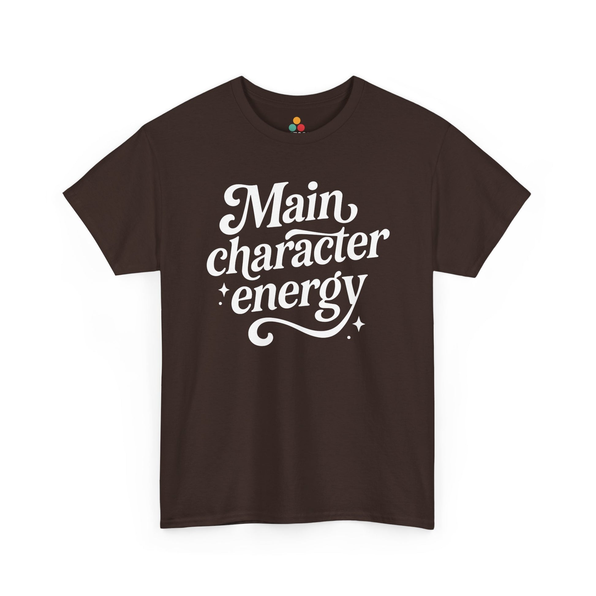 “Teezoca Main Character Energy t-shirt, stylish white lettering, dark brown tee, front view.”

