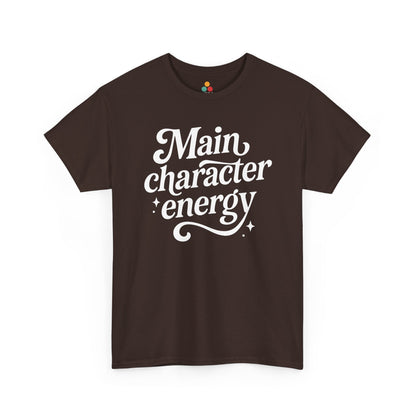 “Teezoca Main Character Energy t-shirt, stylish white lettering, dark brown tee, front view.”

