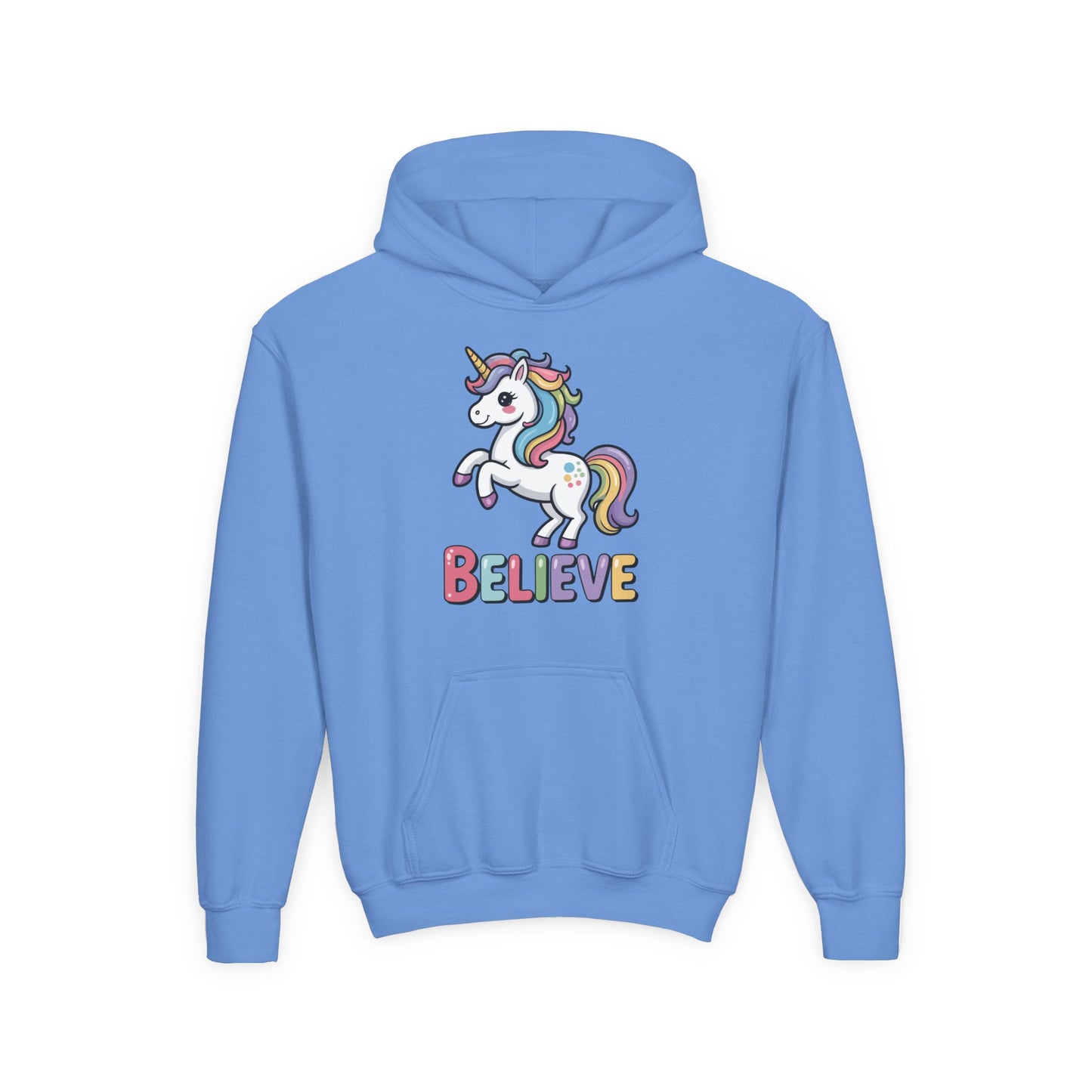 Youth Unicorn "Believe" Hoodie – Cute Rainbow Magic Kids Sweatshirt TEEZOCA