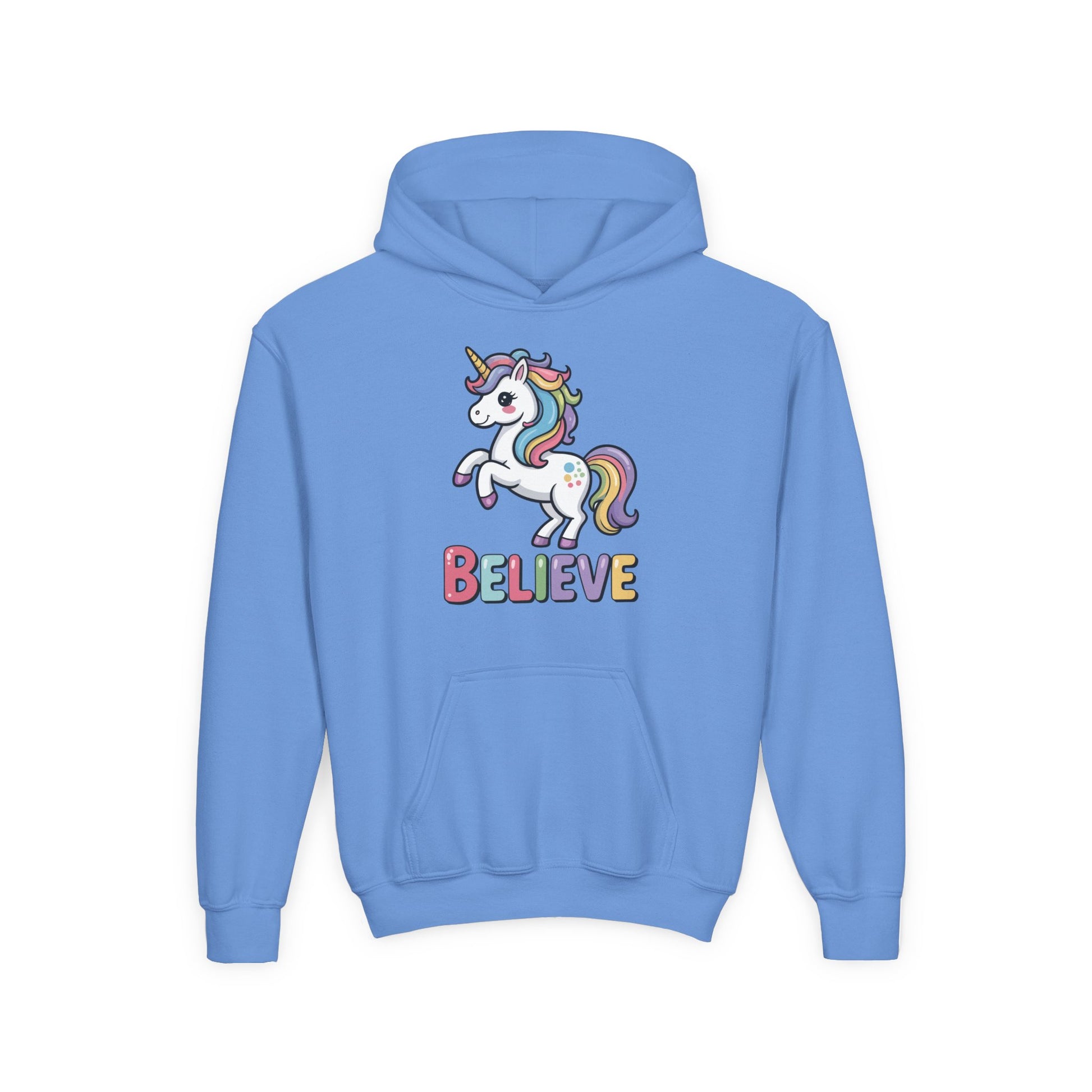 Youth Unicorn "Believe" Hoodie – Cute Rainbow Magic Kids Sweatshirt TEEZOCA