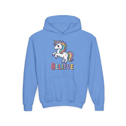 Youth Unicorn "Believe" Hoodie – Cute Rainbow Magic Kids Sweatshirt TEEZOCA