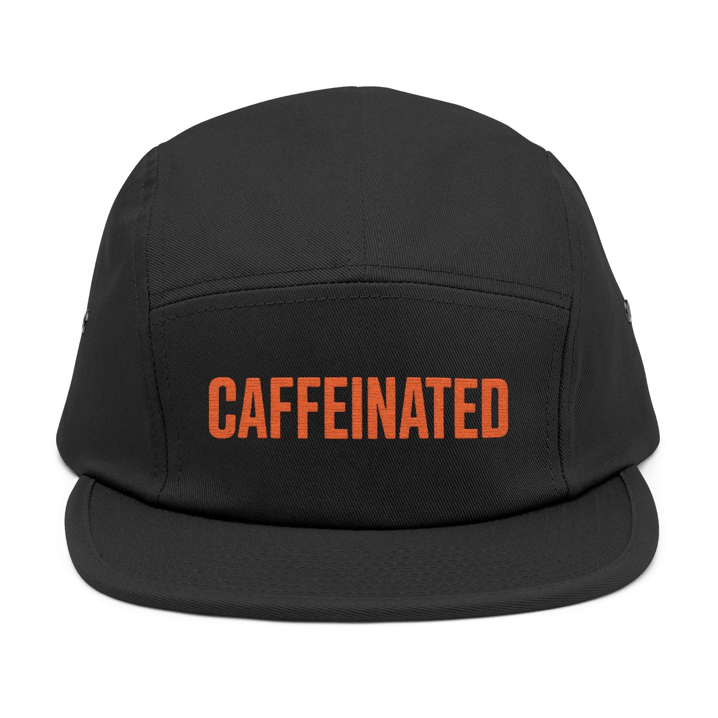 Black cap with 'CAFFEINATED' text in orange on a white background. Caffeinated bold typography graphic design in orange. TEEZOCA