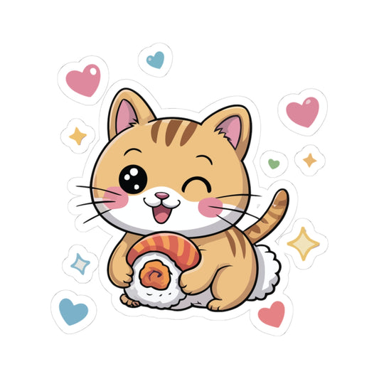 TEEZOCA cute sushi cat sticker showing a kawaii smiling cat holding sushi with hearts