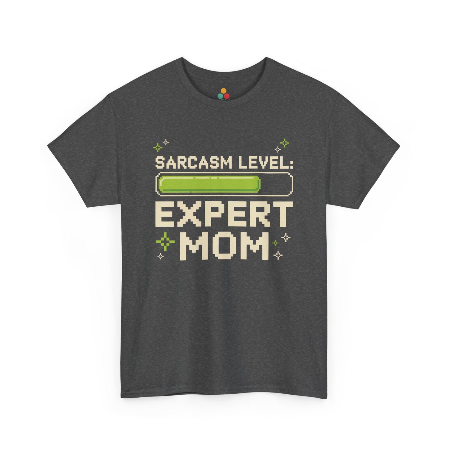 TEEZOCA dark gray “Sarcasm Level: Expert Mom” novelty mom t‑shirt on a flat lay.