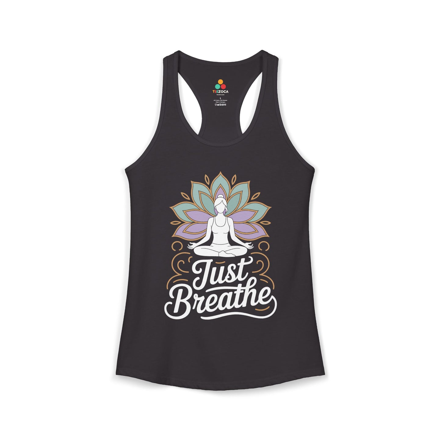 Black tank top with a yoga-themed design and 'Just Breathe' text on a white background. TEEZOCA women’s tank top featuring a mindfulness yoga illustration for meditation and wellness
