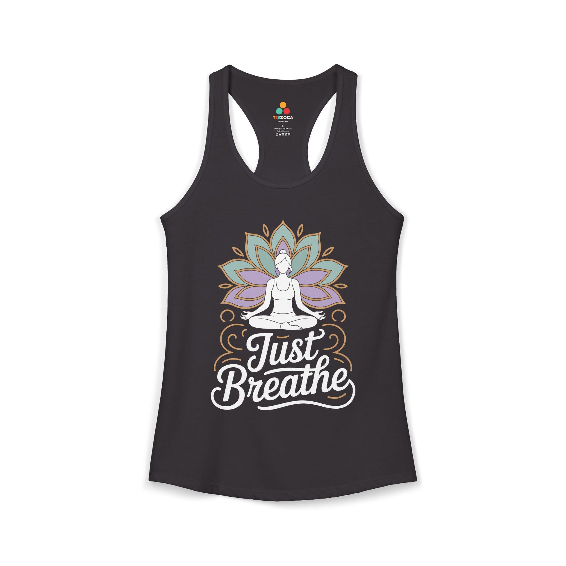 Black tank top with a yoga-themed design and 'Just Breathe' text on a white background. TEEZOCA women’s tank top featuring a mindfulness yoga illustration for meditation and wellness