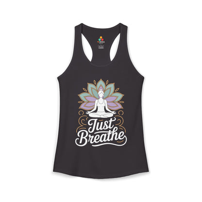 Black tank top with a yoga-themed design and 'Just Breathe' text on a white background. TEEZOCA women’s tank top featuring a mindfulness yoga illustration for meditation and wellness