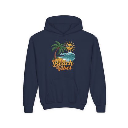 Children’s hoodie featuring palm tree beach scene and smiling sun TEEZOCA