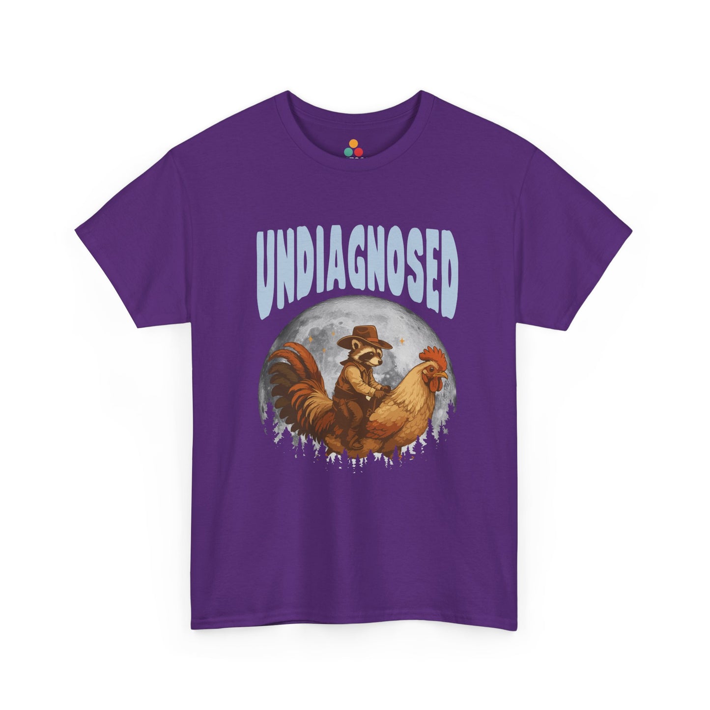 "Purple unisex t‑shirt with 'Undiagnosed' western graphic design and vintage raccoon cowboy illustration, flat front."
