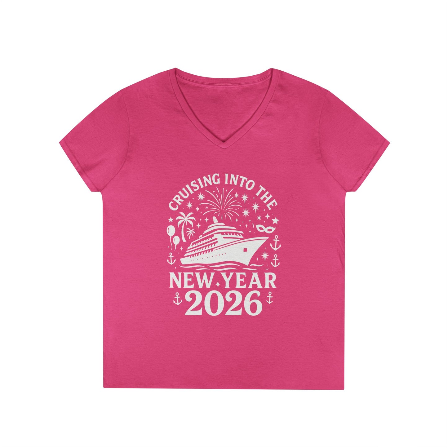Pink t-shirt with New Year's design featuring a cruise ship on a white background