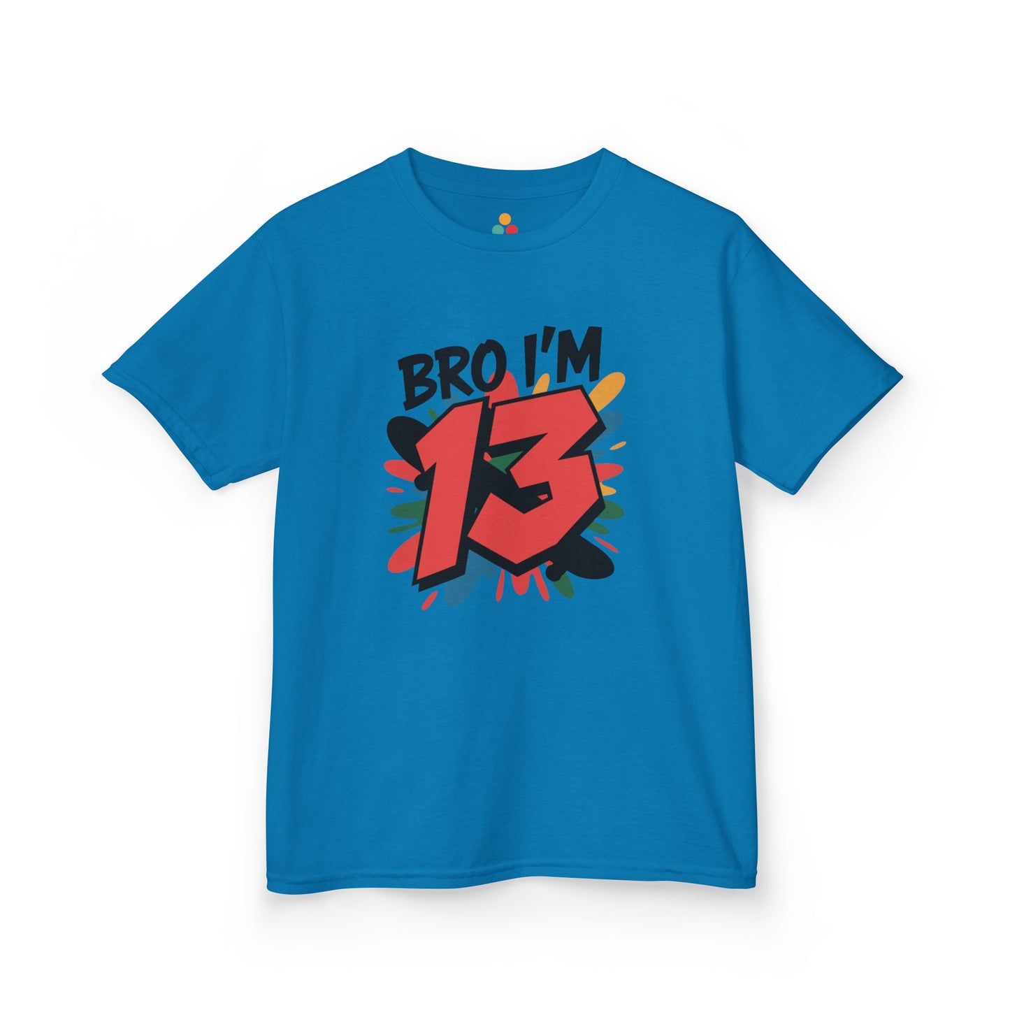 Royal blue kids’ t‑shirt with “Bro I’m 13” graffiti text, big red 13, and multicolor paint splash, flat front view
