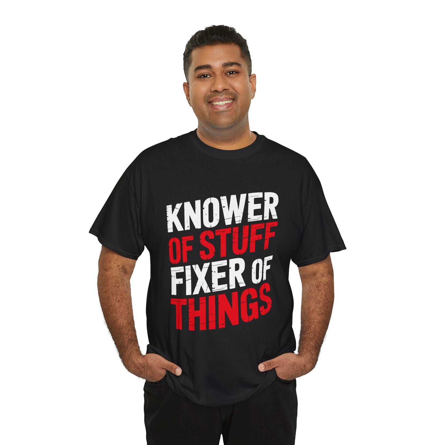 TEEZOCA Funny Father's Day Shirt. Man wearing a black t-shirt with 'KNOWER OF STUFF FIXER OF THINGS' text on a white background