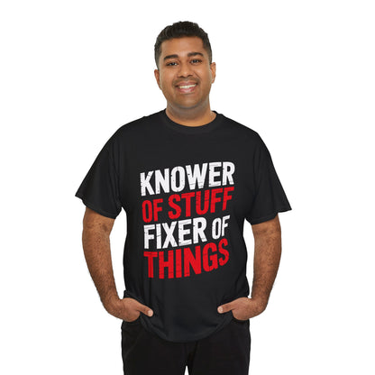 TEEZOCA Funny Father's Day Shirt. Man wearing a black t-shirt with 'KNOWER OF STUFF FIXER OF THINGS' text on a white background