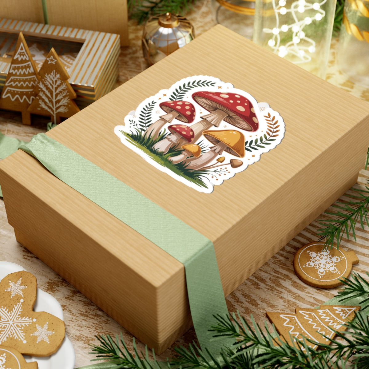 Wooden gift box with a mushroom design and green ribbon, surrounded by festive items. TEEZOCA