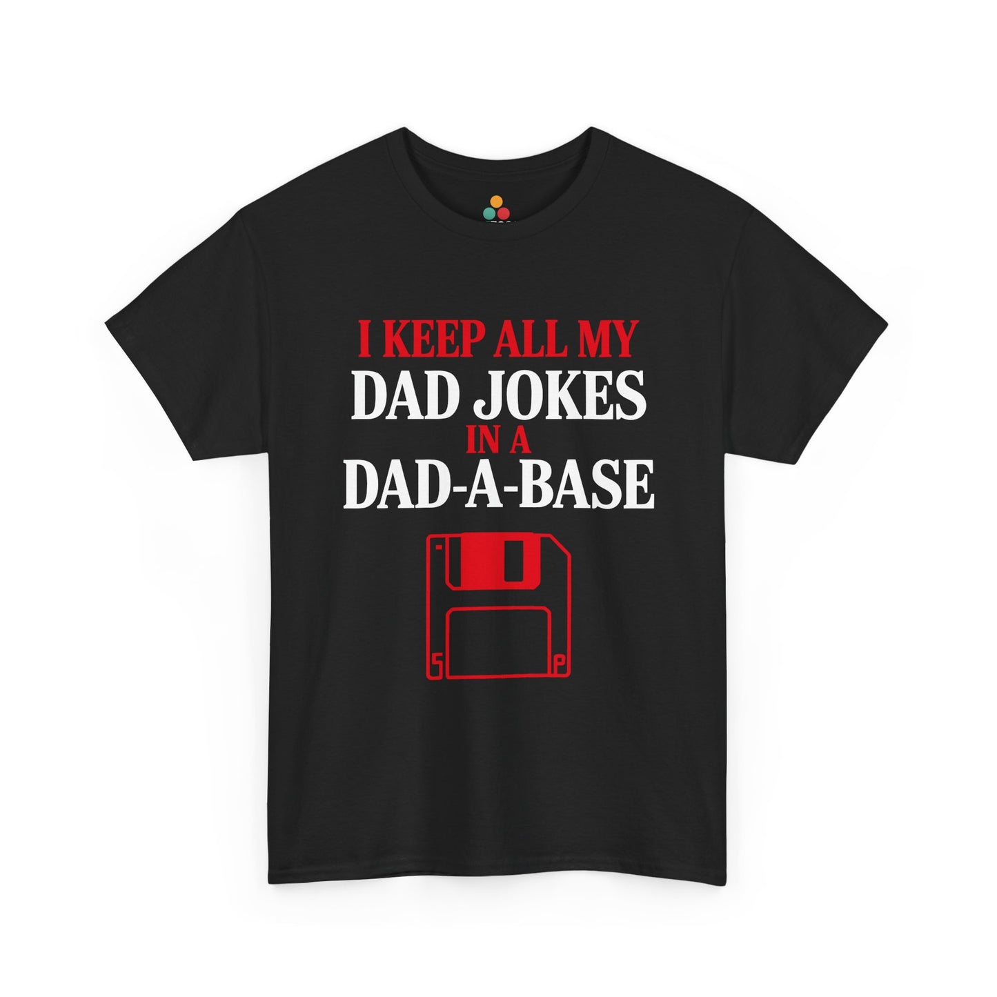 TEEZOCA Funny Dad Black t-shirt with red and white text and floppy disc graphic on a white background