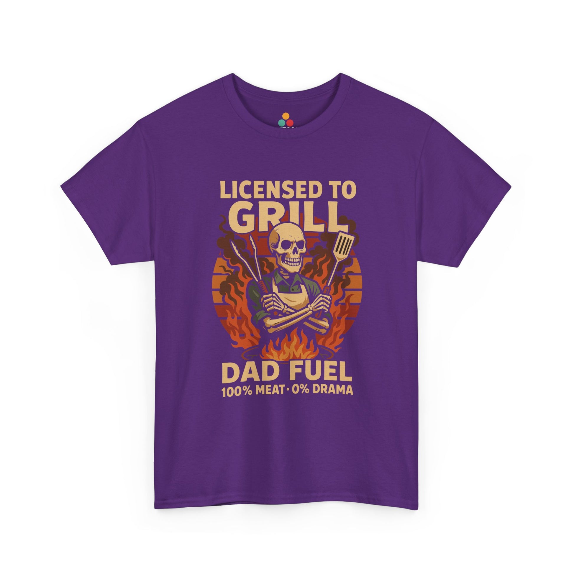 Purple t-shirt with a graphic design featuring a skeleton holding a spatula and text on a white background