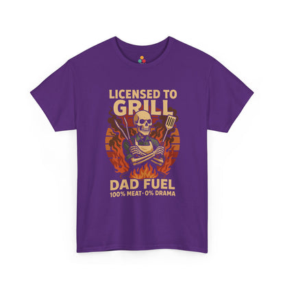 Purple t-shirt with a graphic design featuring a skeleton holding a spatula and text on a white background