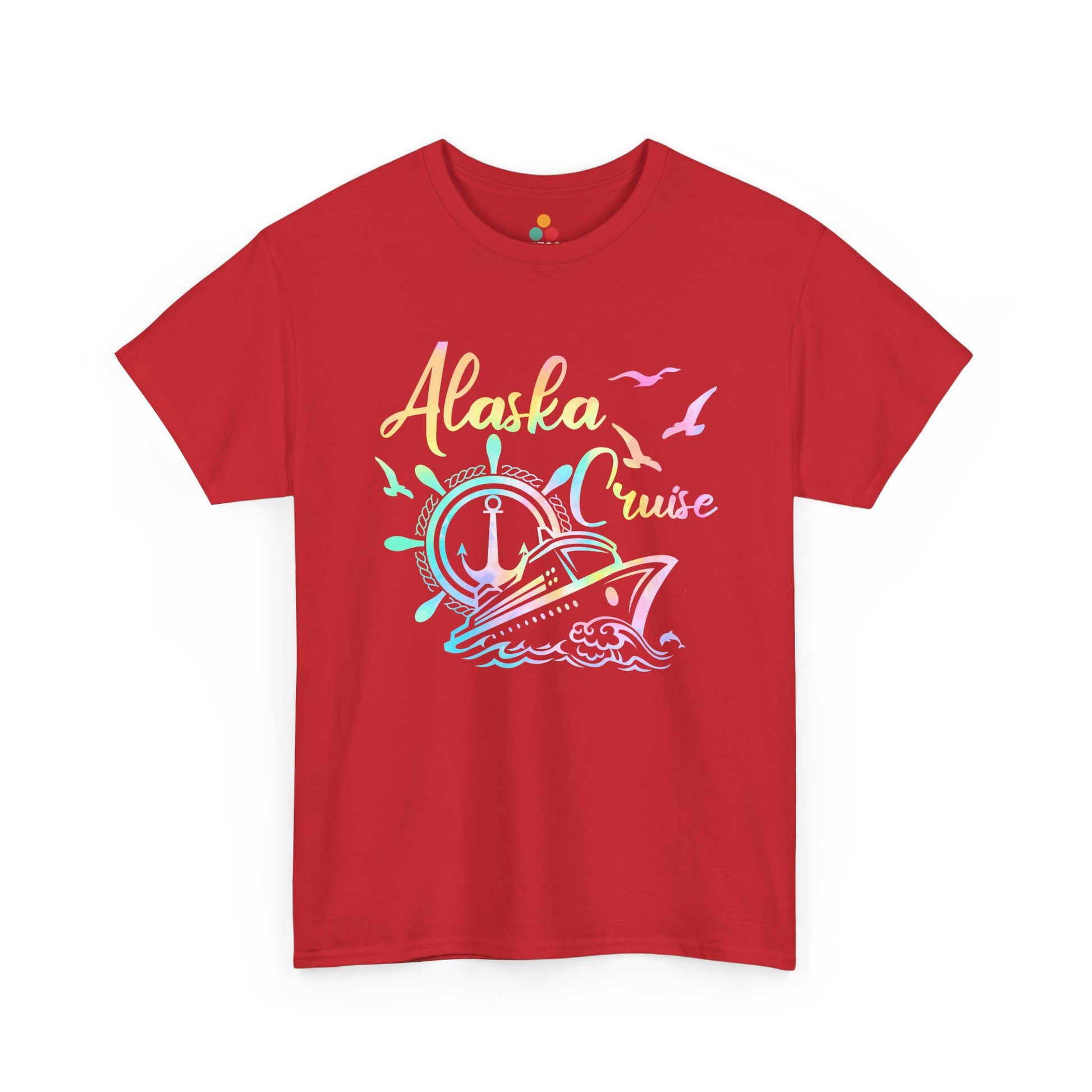 “Teezoca red Alaska Cruise shirt, rainbow ship and anchor wheel vacation design, front.”

