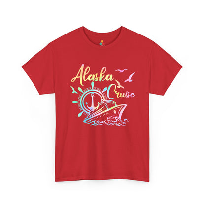 “Teezoca red Alaska Cruise shirt, rainbow ship and anchor wheel vacation design, front.”

