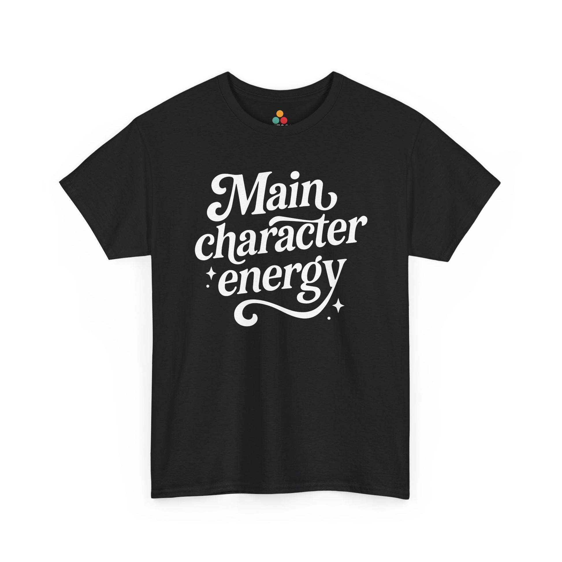 “Teezoca Main Character Energy shirt, white script lettering with sparkles, black tee, front view.”

