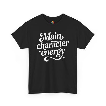 “Teezoca Main Character Energy shirt, white script lettering with sparkles, black tee, front view.”

