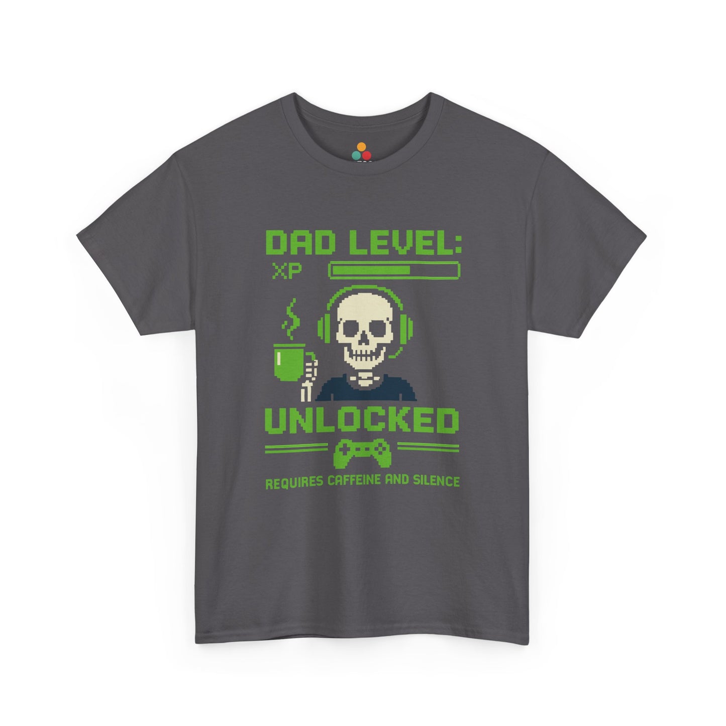 “Purple ‘Dad Level: XP Unlocked’ pixel gamer tee with skull, headset, coffee cup, and controller graphic, flat front.”

