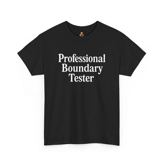 "Black t‑shirt with bold white text reading 'Professional Boundary Tester' centered on chest, flat front view."

